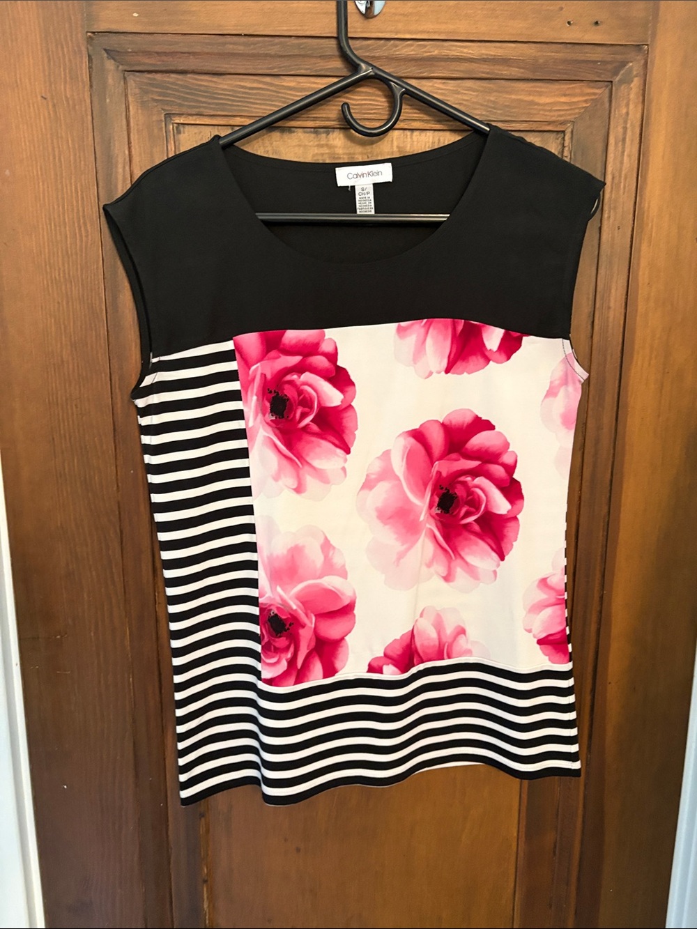Calvin Klein Black, White & Pink Floral Panel Cap-Sleeve Top